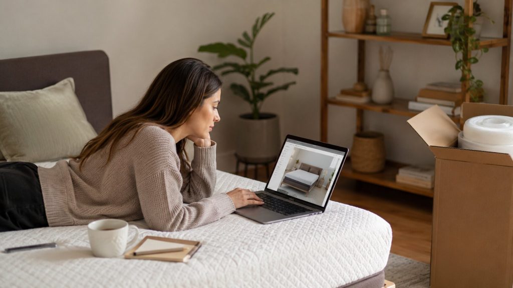 a woman laying down doing buy a bed online safely in the UK